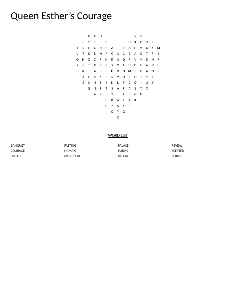 Heart-shaped Queen Esther Purim word search with biblical words like Mordecai and scepter.