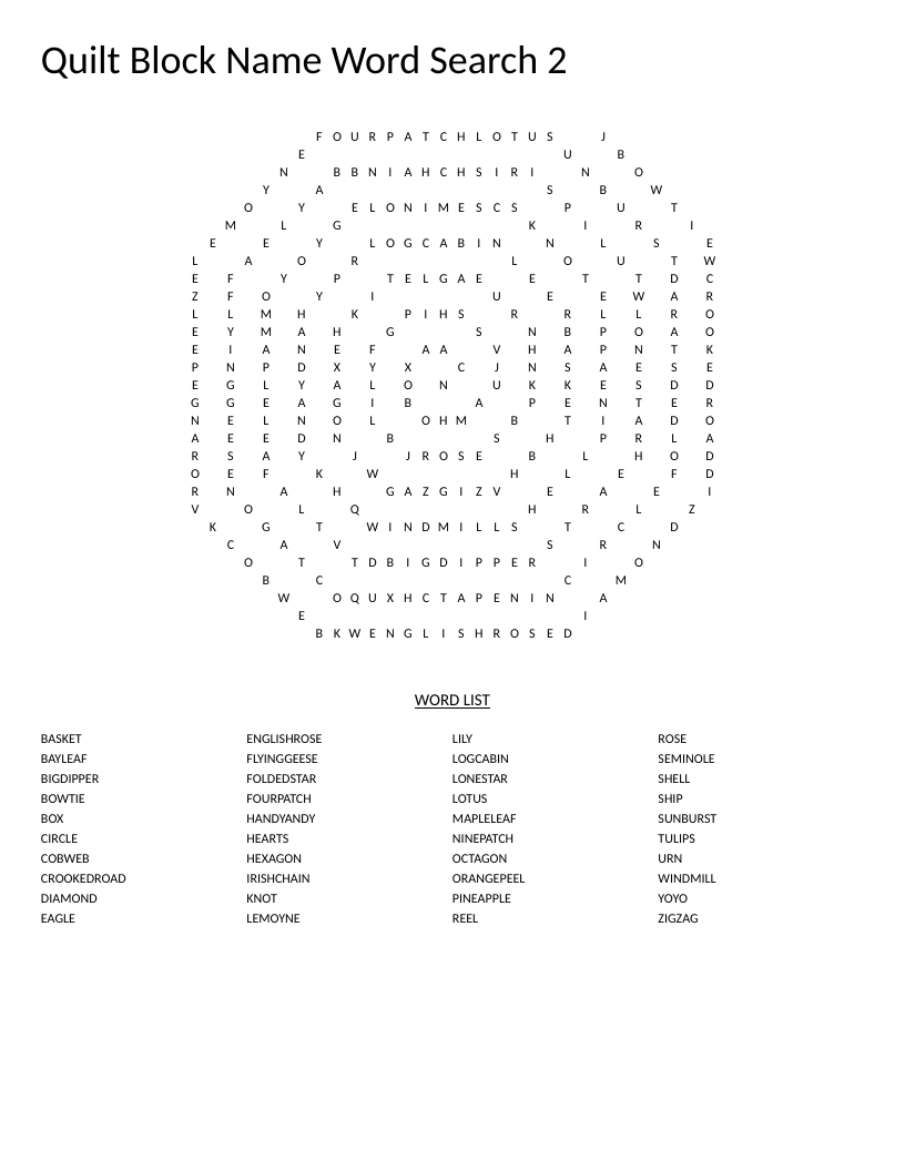 Spiral quilt block name word search featuring traditional patterns like Flying Geese, Log Cabin, and Irish Chain.