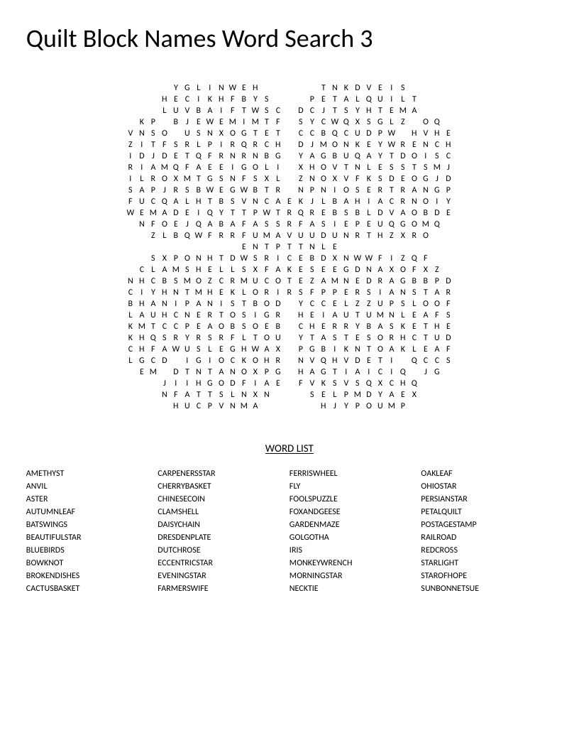 Quilt block names word search in a clover shape with patterns like Sunbonnet Sue and Dresden Plate.