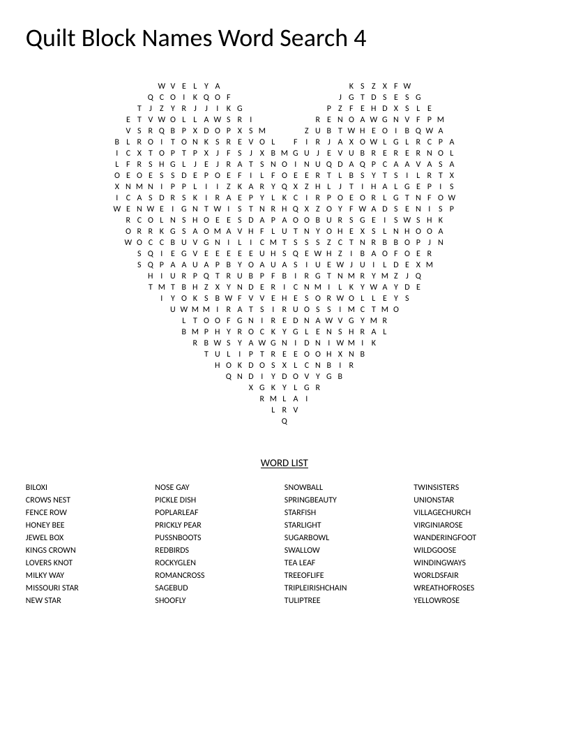 Heart-shaped quilt block names word search with traditional patterns like Wreath of Roses and Lover's Knot.