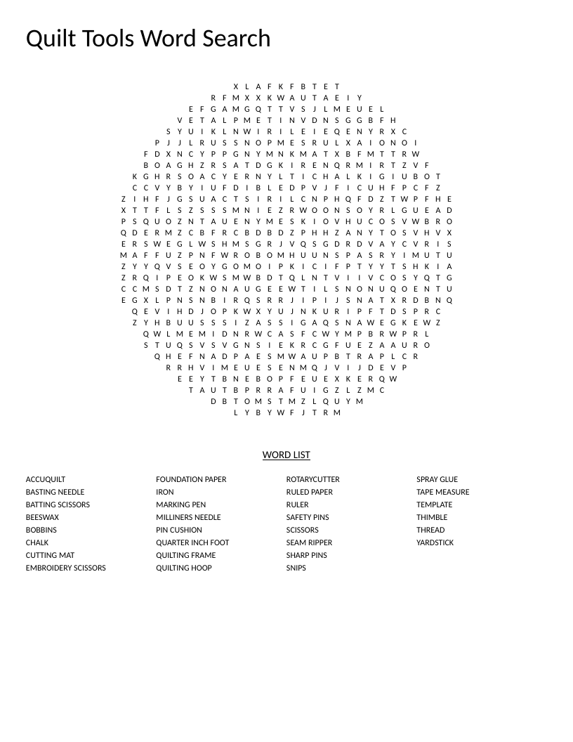 Circle-shaped quilting tools word search featuring rotary cutter, batting scissors, and thimble.