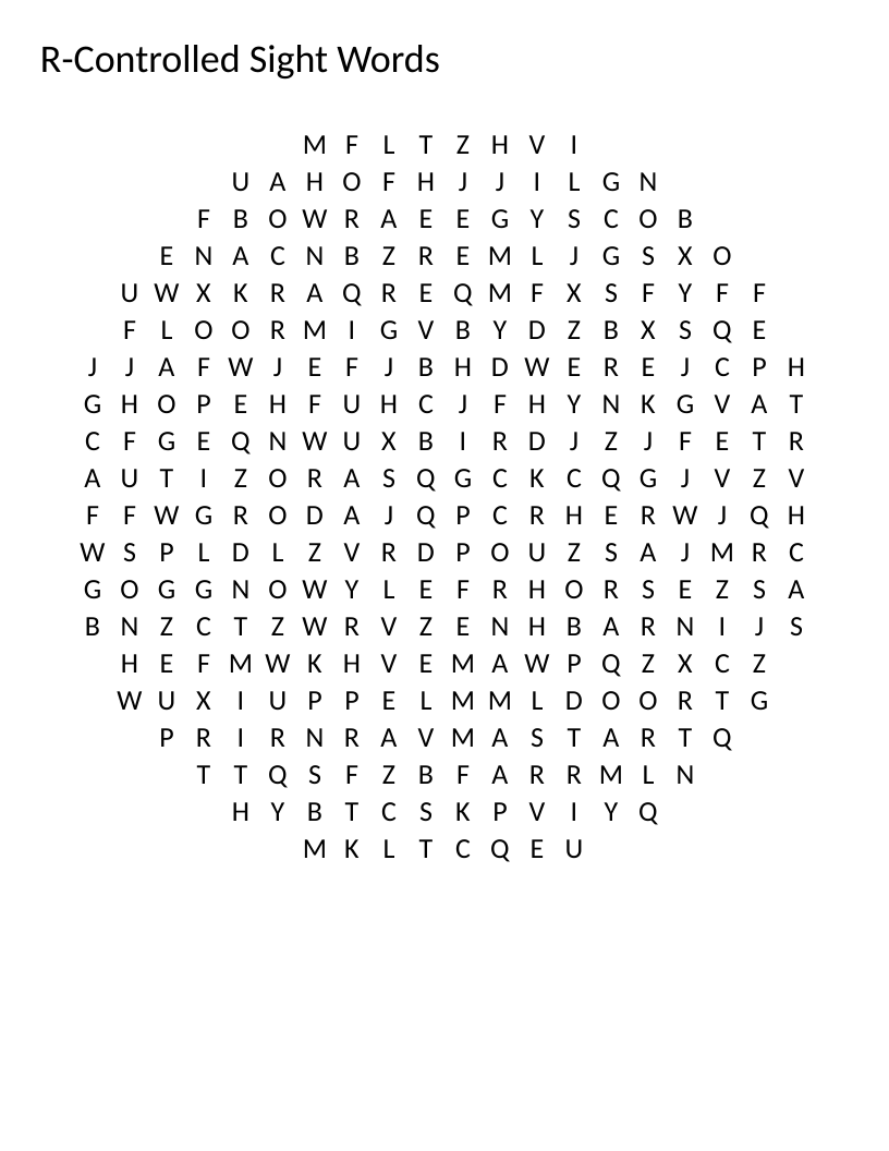 Circle-shaped r-controlled vowels word search for early readers with words like bird and horse.