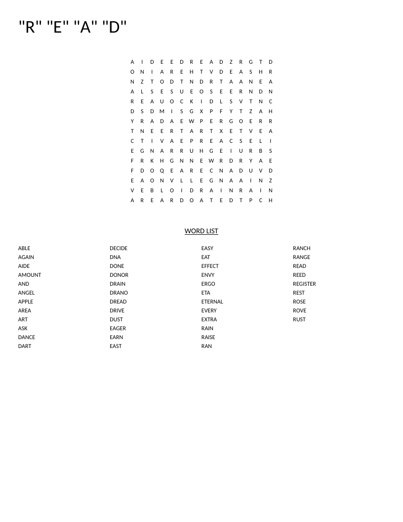 READ word search with words like easy, decide, register, and dread.