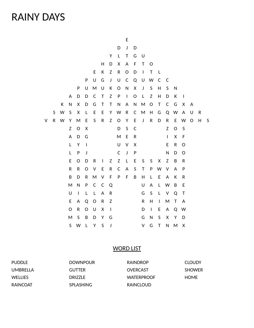 House-shaped rainy day word search with vocabulary like puddle, umbrella, and downpour.
