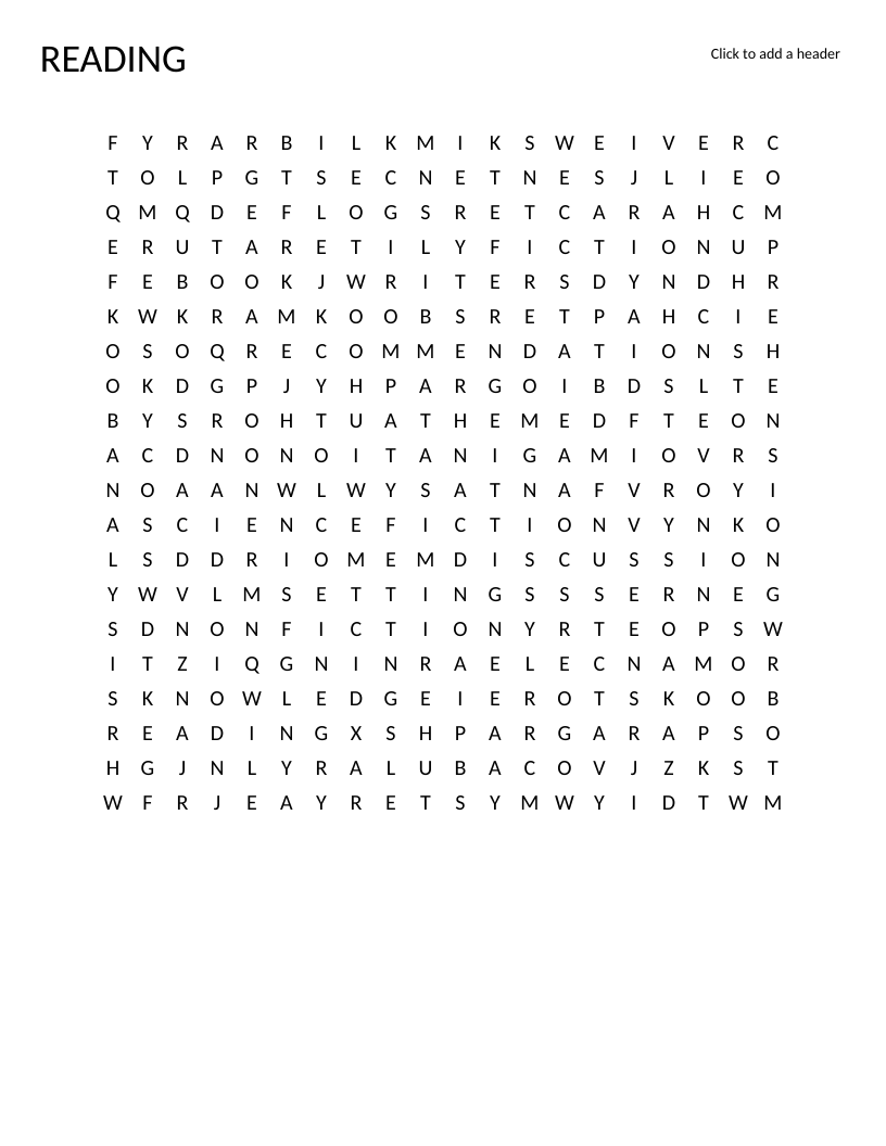Reading word search with vocabulary including novel, characters, plot, and genres.