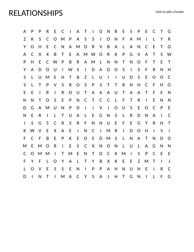 Relationships word search featuring words like trust, communication, empathy, and conflict resolution.