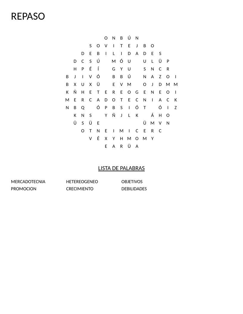 Smiley-shaped Spanish marketing vocabulary word search with words like mercadotecnia and segmentación.