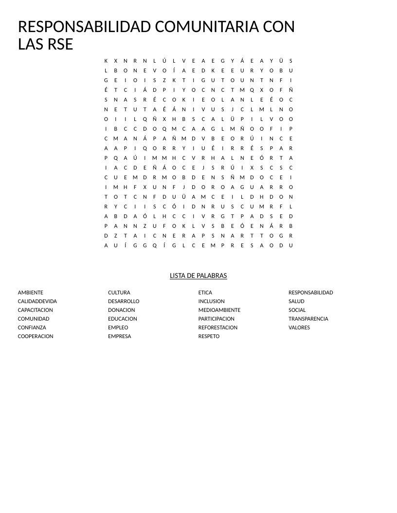 Spanish corporate social responsibility word search with words like empresa, medioambiente, and reforestación.