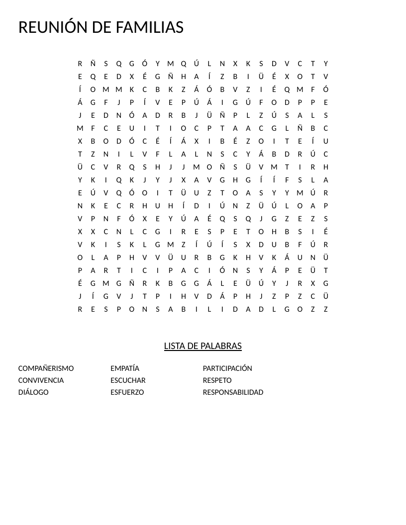 Spanish word search on family meeting values: responsabilidad, respeto, empatía, diálogo.