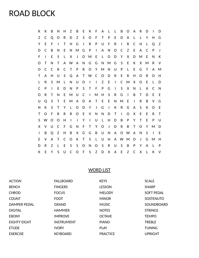 Piano word search with music vocabulary including keyboard, pedal, and melody.