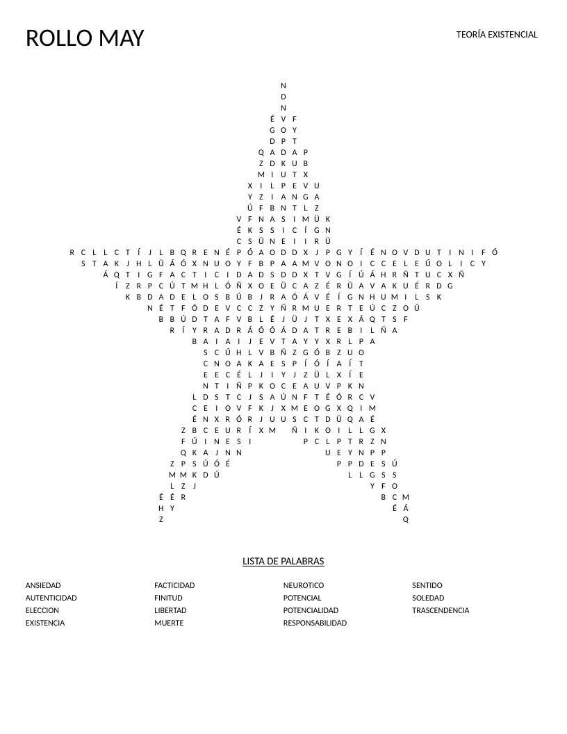 Star-shaped Rollo May word search with Spanish existential psychology terms like libertad and responsabilidad.
