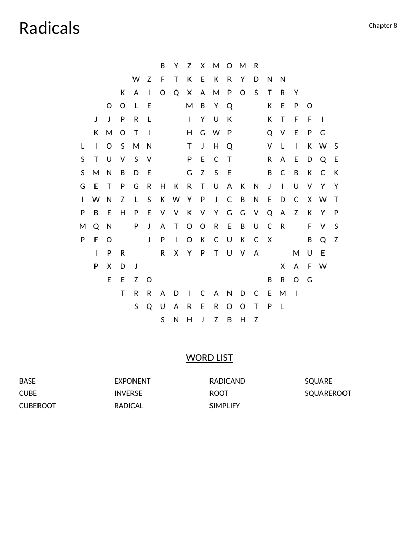 Smiley-shaped math word search with algebra terms like square root, cube root, and radicand.