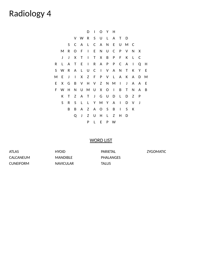 Circular anatomy word search on bones including hyoid, mandible, phalanges, and calcaneum.