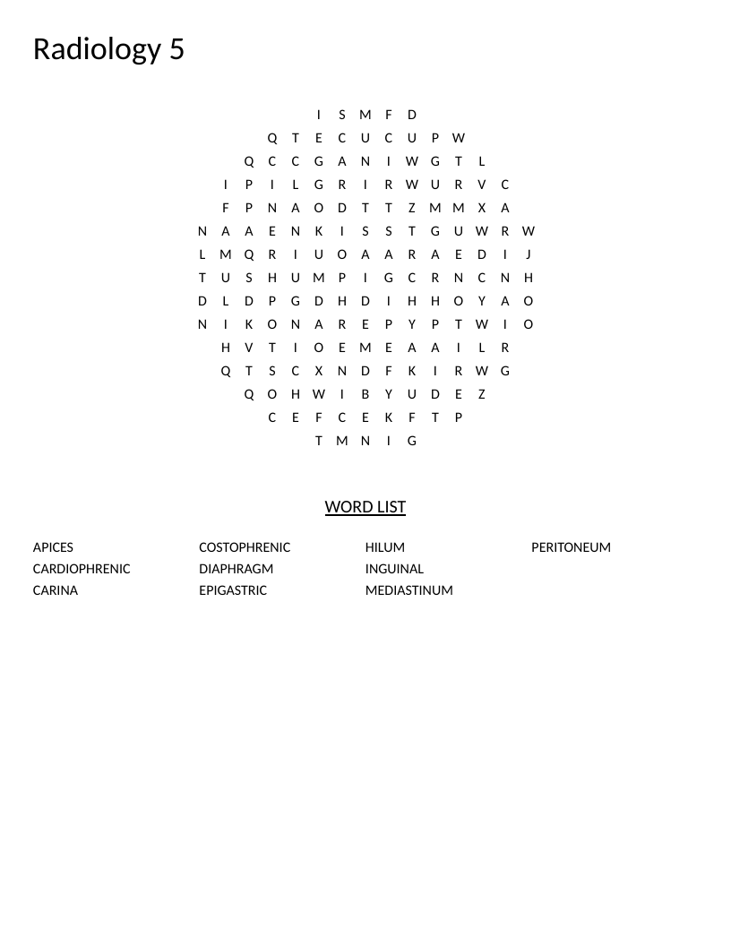 Circle-shaped radiology word search with medical terms like mediastinum and diaphragm.