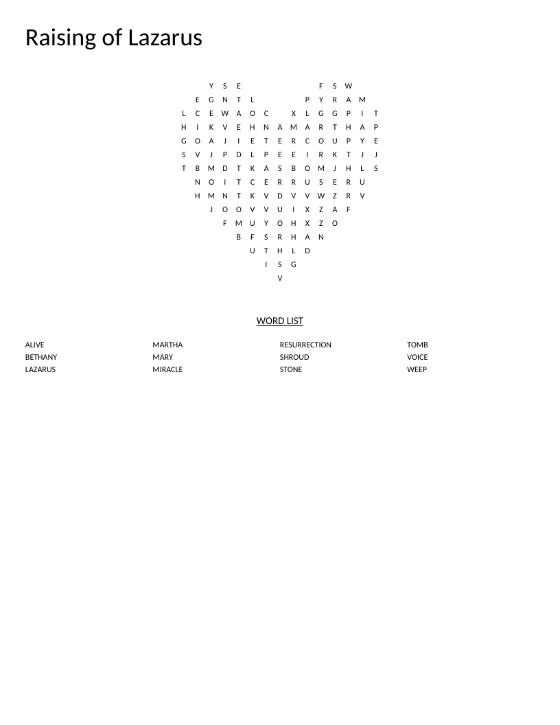 Heart-shaped Bible word search on the Raising of Lazarus with words like resurrection and Bethany.