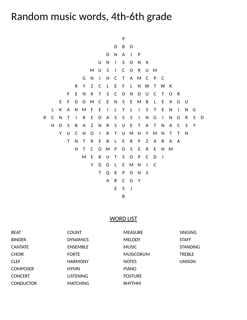 Diamond-shaped music theory word search with words like treble, melody, harmony, and conductor.