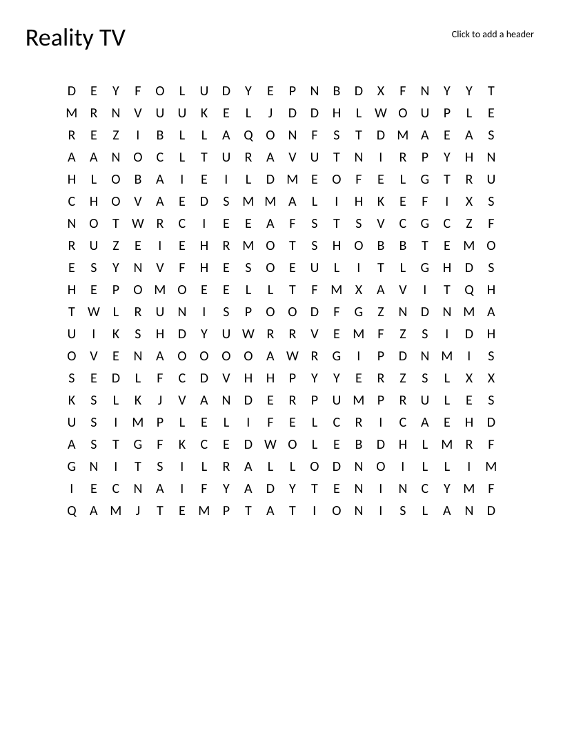 Reality TV word search featuring shows like The Bachelor, Love Island, and Real Housewives.