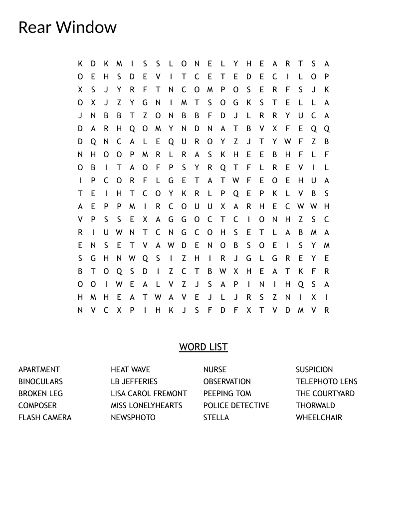 Rear Window word search with Hitchcock thriller vocabulary including LBJefferies and Thorwald.