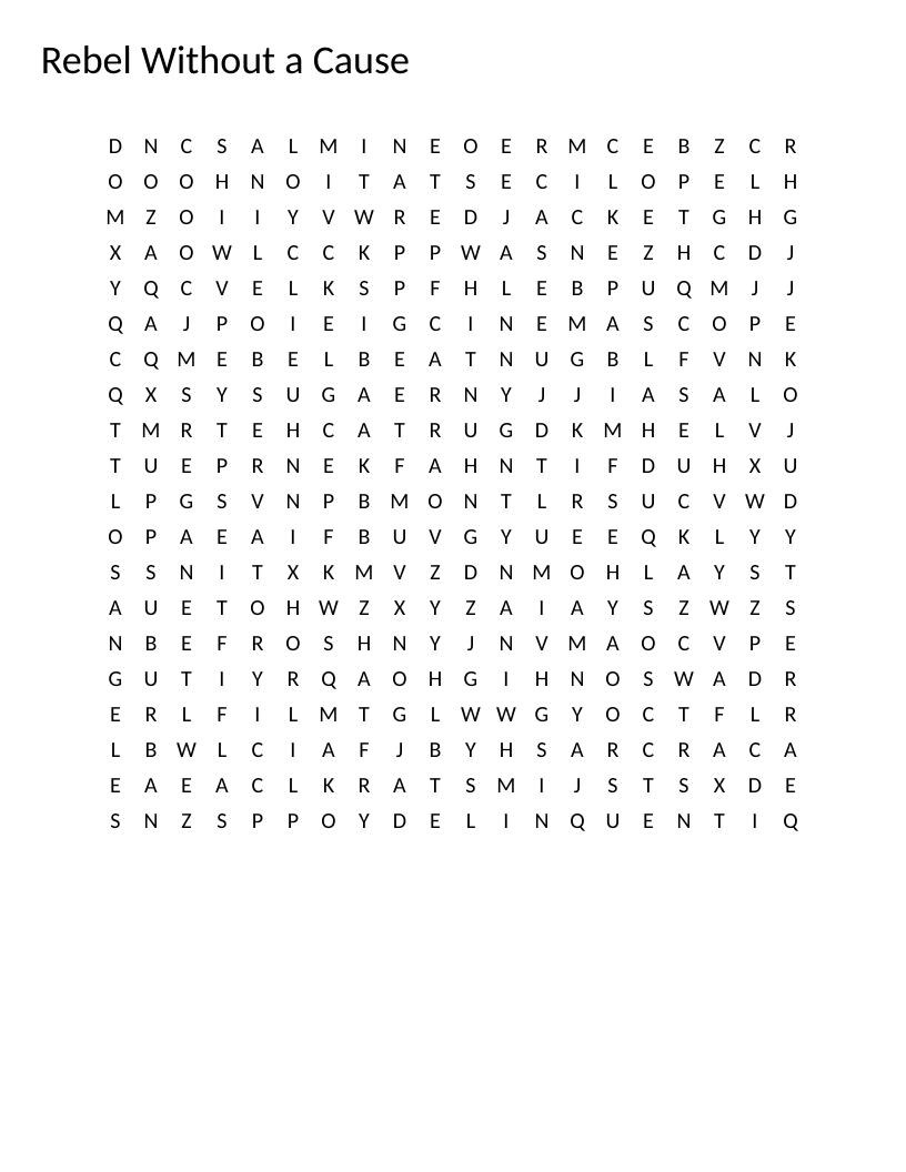 Rebel Without a Cause word search with James Dean, Natalie Wood, and film details.