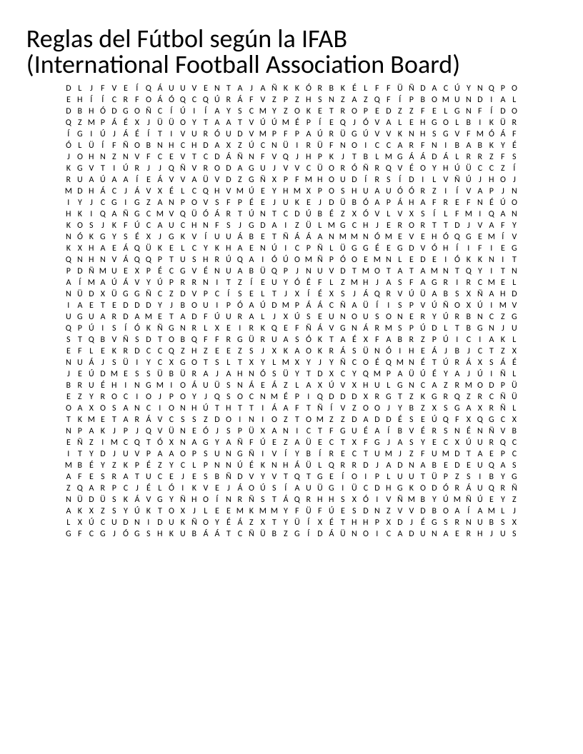 Spanish soccer word search on IFAB rules with words like árbitro, penal, and gol.