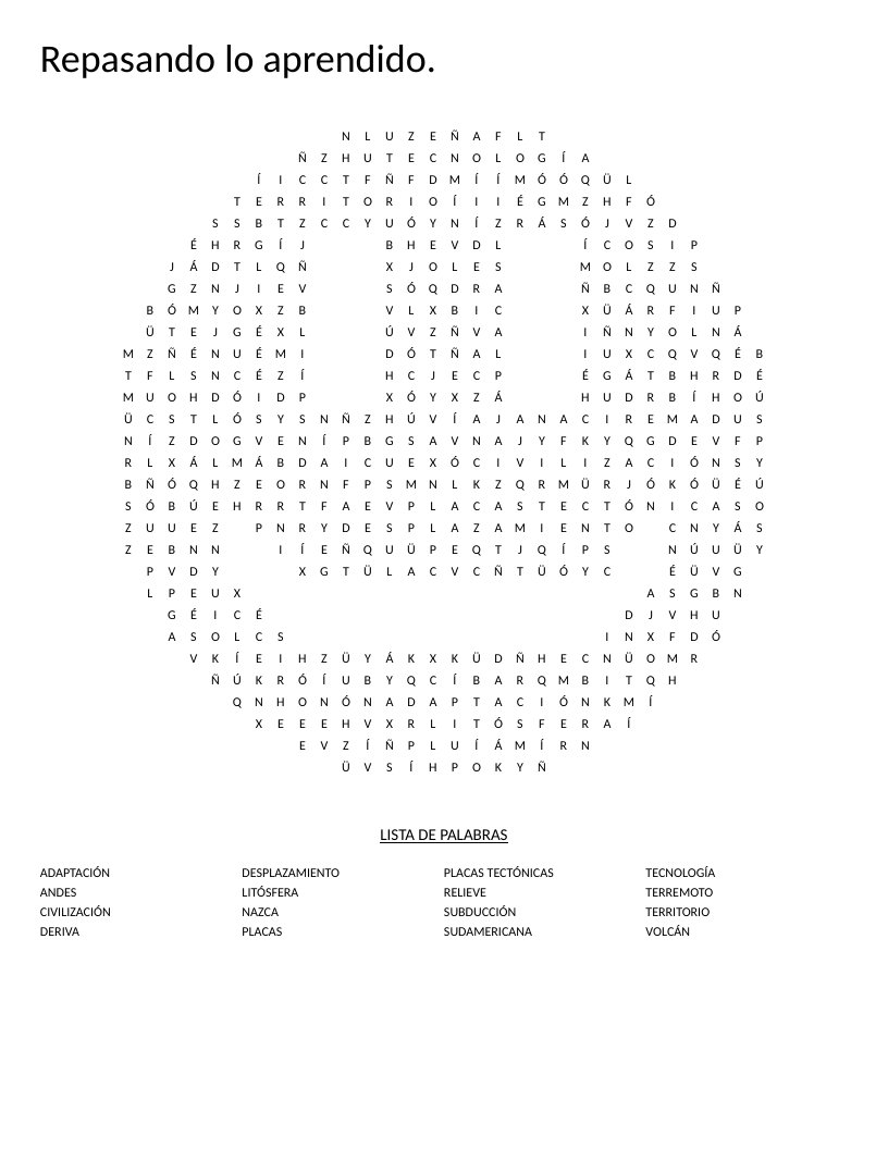 Smiley-shaped Spanish word search on plate tectonics with words like subducción, volcán, and Andes.