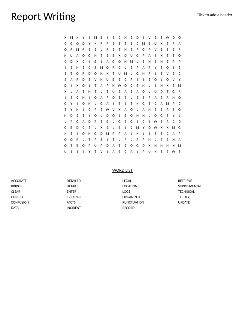 Report writing word search with vocabulary including accurate, evidence, and concise.
