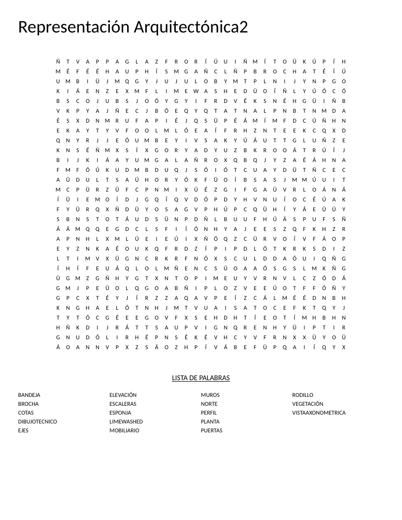 Spanish architectural drawing word search with technical terms like planta, elevación, and dibujotecnico.