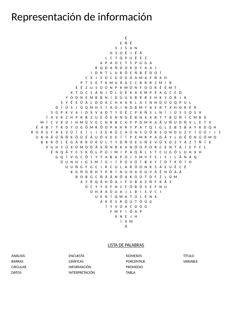 Diamond-shaped Spanish math word search with data representation terms like gráficas, tabla, and porcentaje.