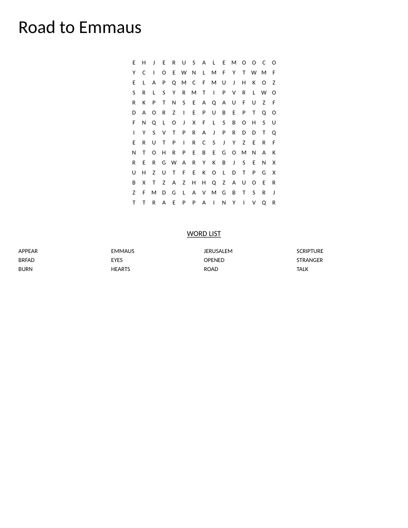 Road to Emmaus Bible word search with Luke 24 scripture words like Jerusalem and hearts burn.