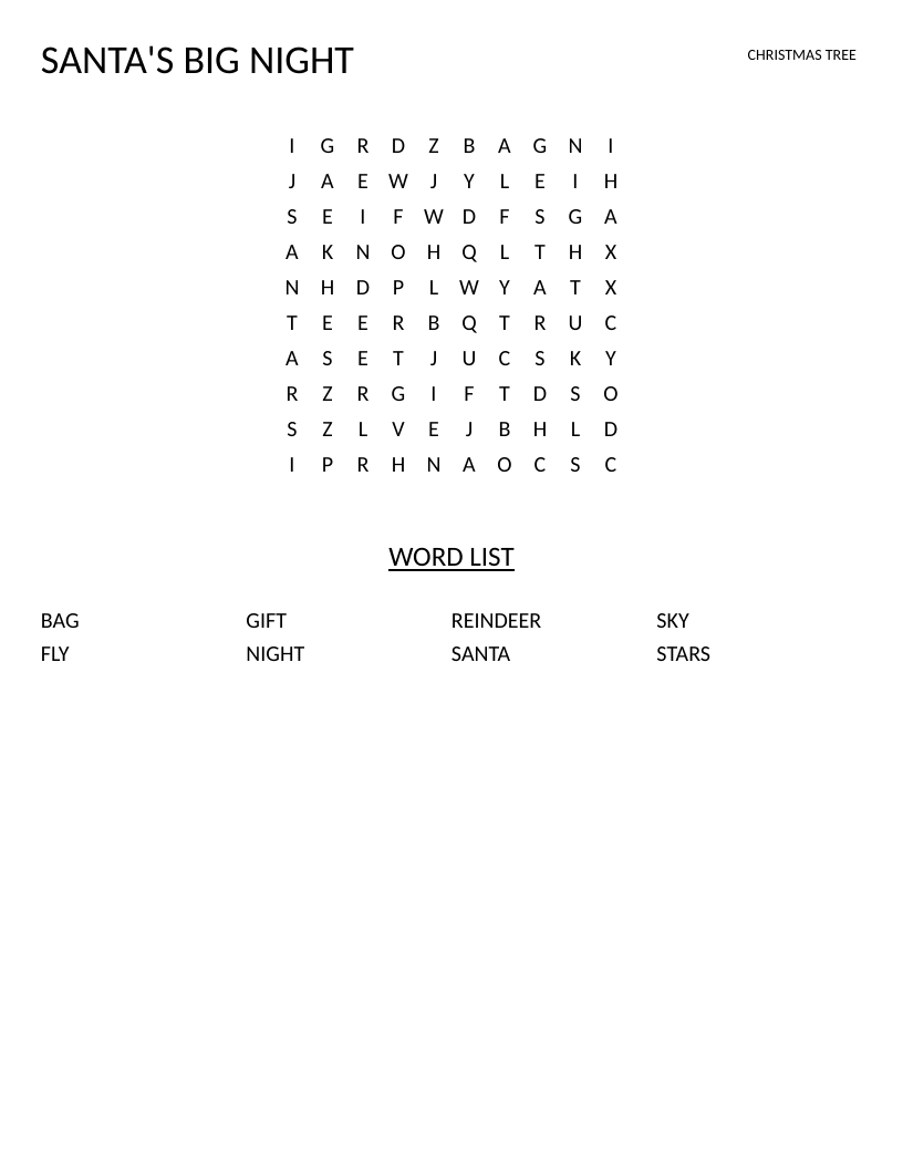 Christmas word search with Santa, reindeer, gift, and holiday words for young learners.