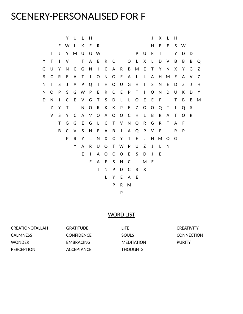 Heart-shaped mindfulness word search with words like gratitude, meditation, and creativity.