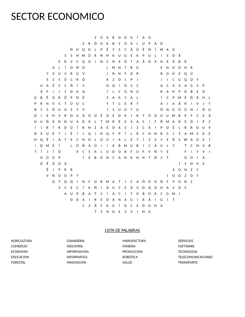 Smiley-shaped Spanish word search on economic sectors including agricultura, tecnología, and comercio.