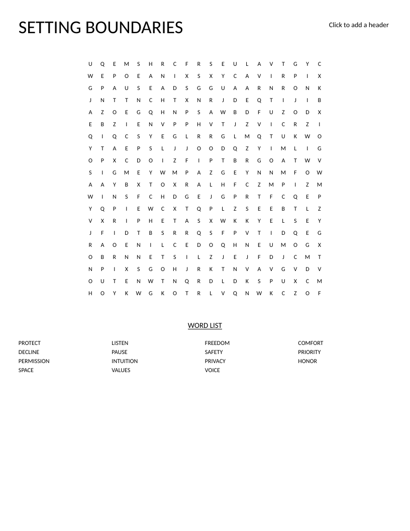 Setting Boundaries word search with social-emotional learning vocabulary like intuition, privacy, and voice.