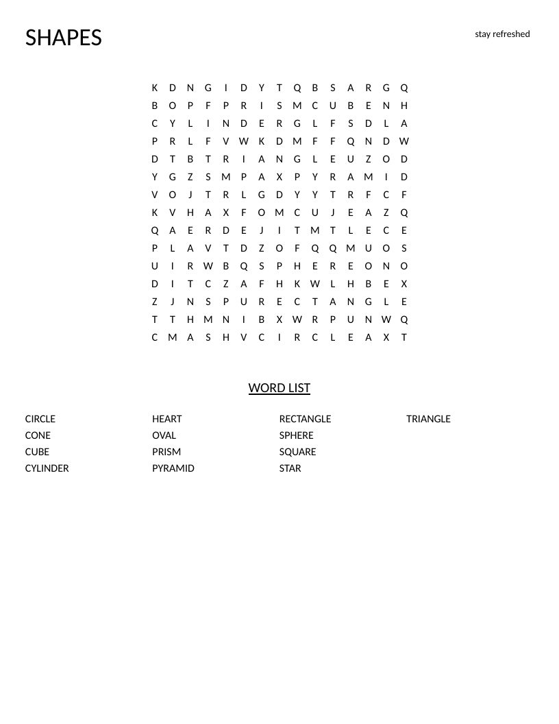 Shapes word search with geometry words like square, circle, triangle, and pyramid.