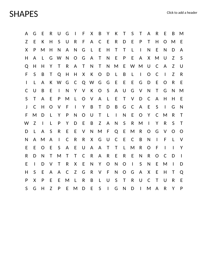 Shapes word search with geometry terms like circle, triangle, cube, and sphere.