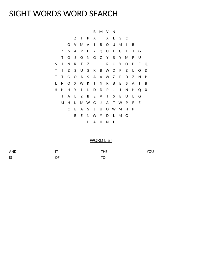 Circle-shaped sight words word search with high-frequency words for early readers.