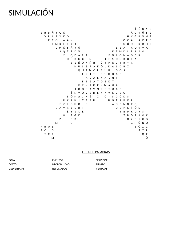 Spanish simulation word search with terms like probabilidad, servidor, and cola.