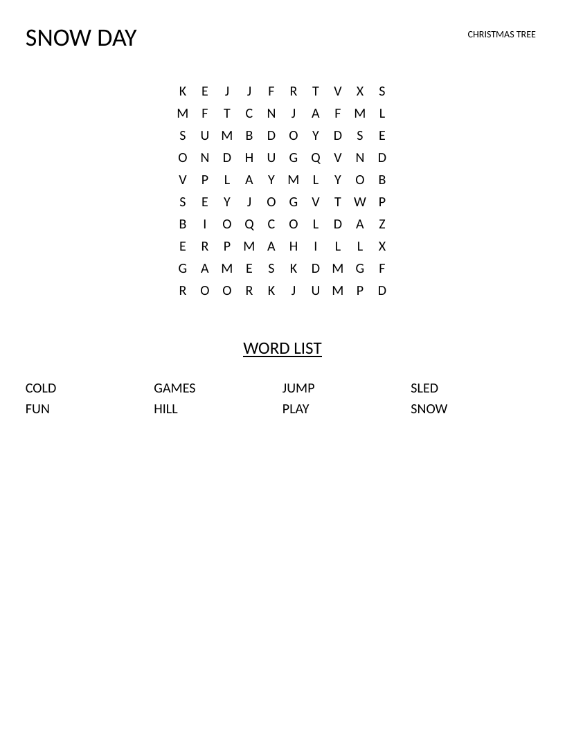 Snow Day word search with winter words: snow, sled, hill, cold, play, jump.