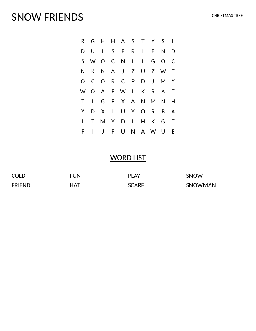 Winter word search for early readers with snowman, scarf, and friend.