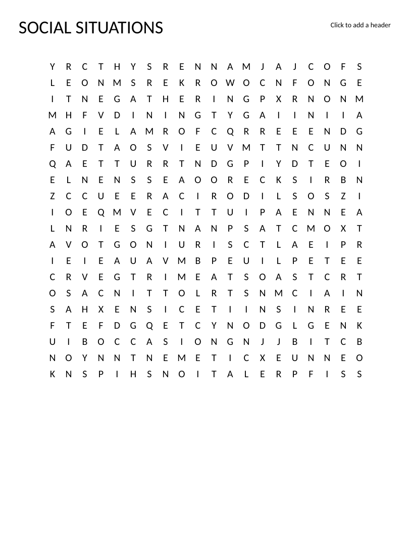 Social situations word search with words like conversation, etiquette, celebration, and bonding.