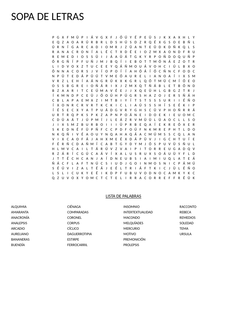 One Hundred Years of Solitude word search with character names and literary-device vocabulary in Spanish.
