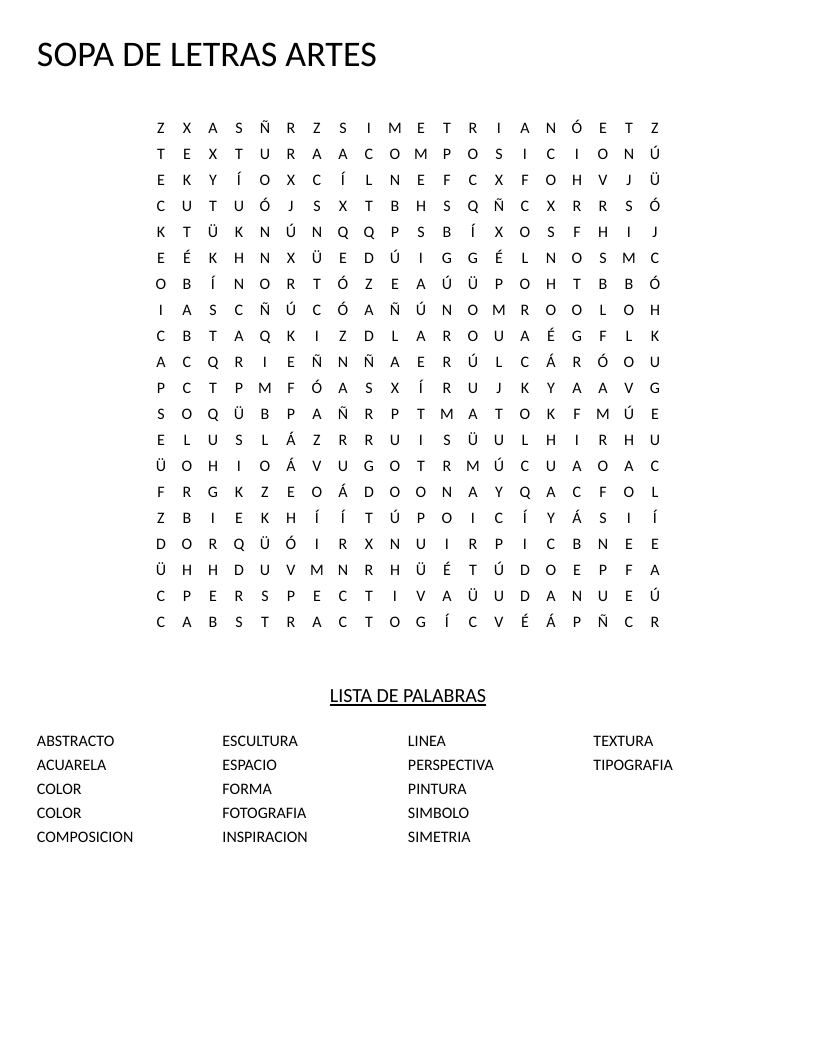 Spanish art vocabulary sopa de letras with words like perspectiva, composición, and acuarela.