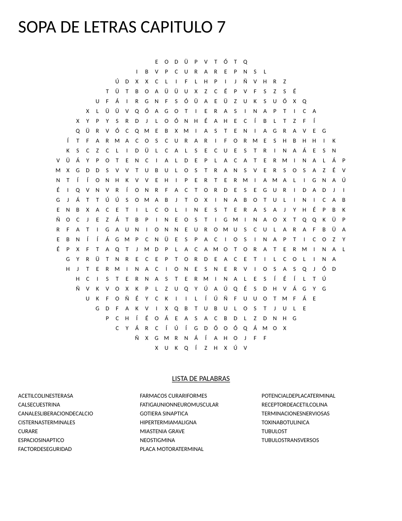Spanish neuromuscular junction word search with medical terms like acetilcolinesterasa and miastenia grave in a circle.