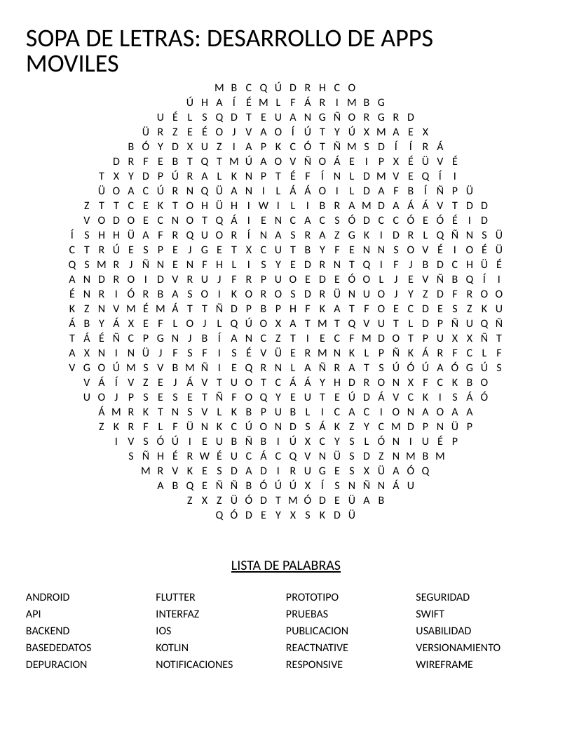 Circle-shaped Spanish word search on mobile app development with terms like Android, Flutter, and API.