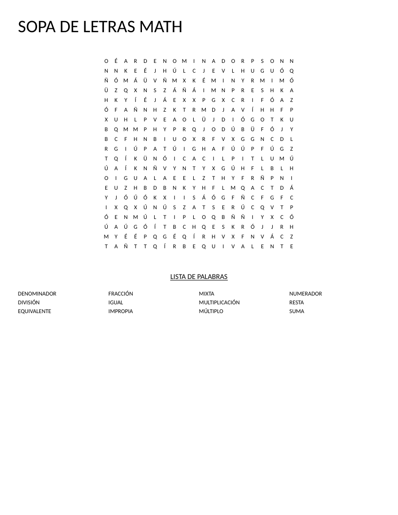 Spanish fractions word search with words like fracción, numerador, and denominador.
