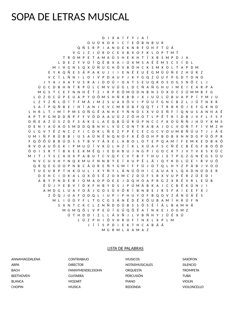 Circle-shaped Spanish music word search featuring instruments like guitarra and violín, plus classical composers.