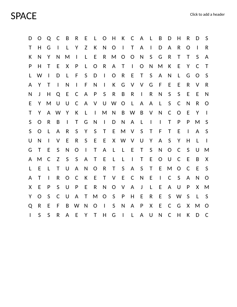 Space word search with astronomy vocabulary including planets, stars, astronaut, and galaxy.