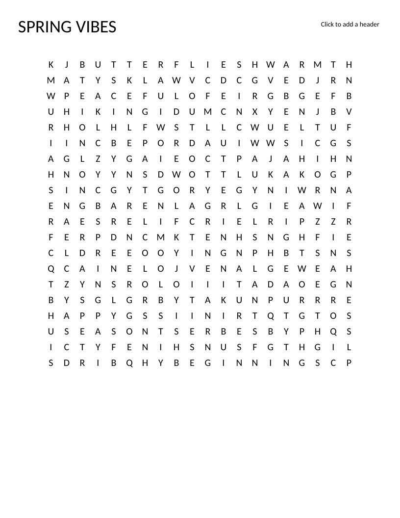 Spring word search with seasonal words like flowers, butterflies, renewal, and picnics.