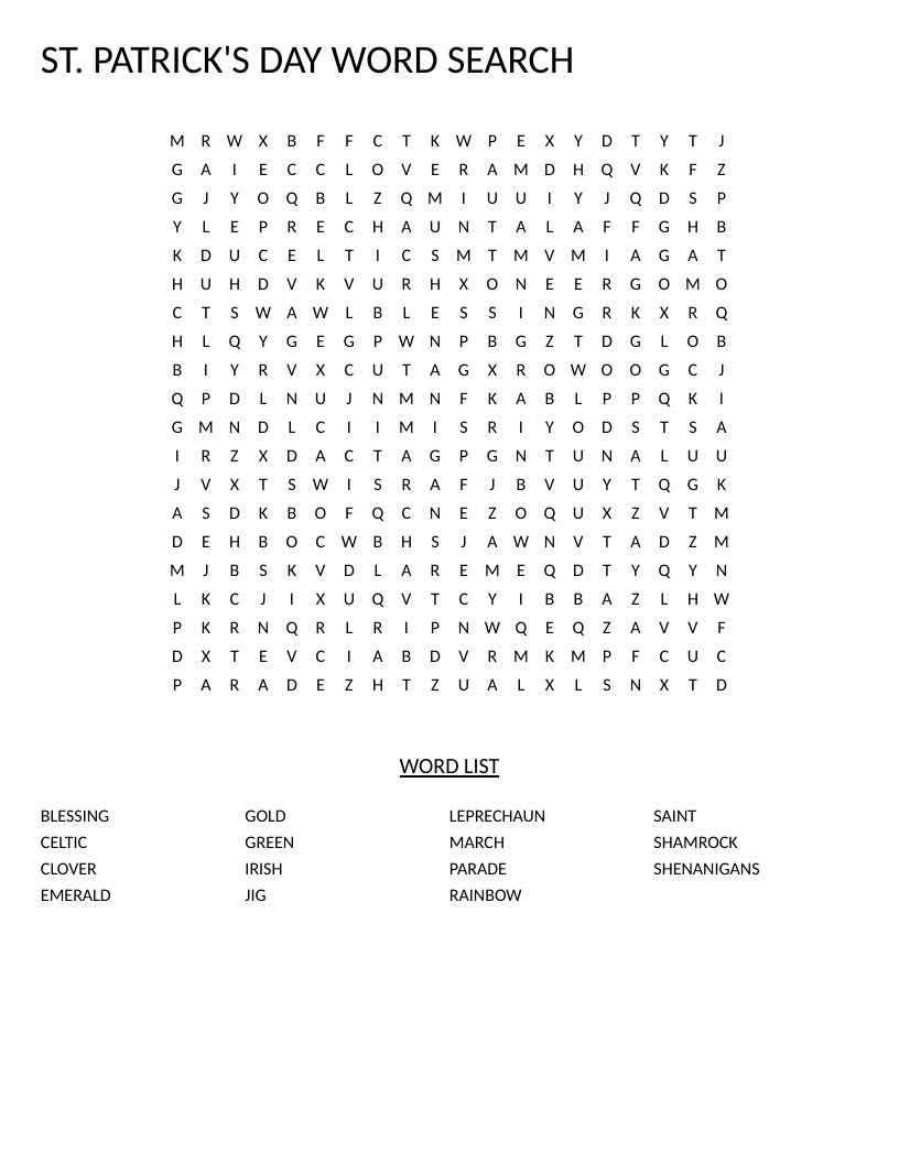 St. Patrick's Day word search with words like leprechaun, shamrock, and rainbow.