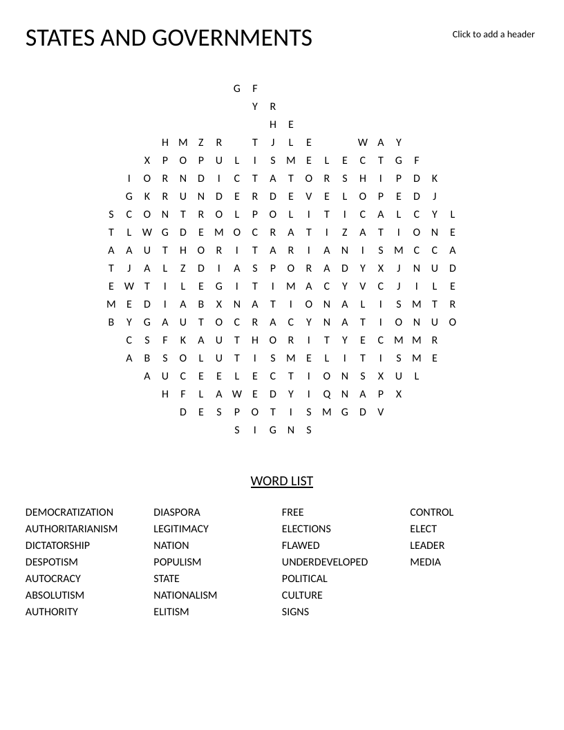 Government and political systems word search with terms like democratization, authoritarianism, and dictatorship.